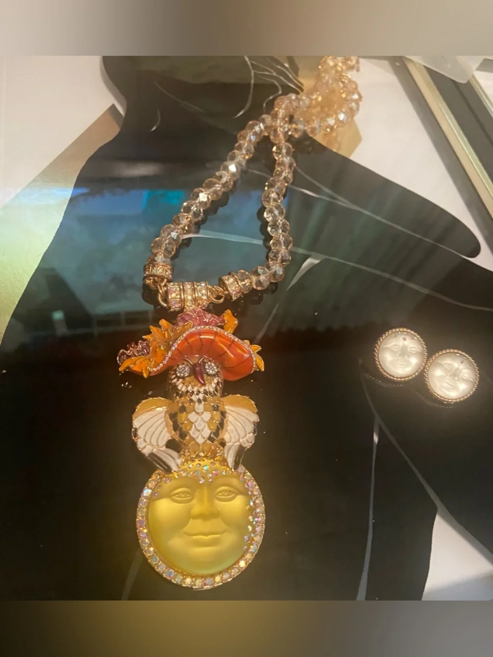 Kirks Folly Moon & Owl Magnetic Pendant/Necklace & Moon Earrings #81